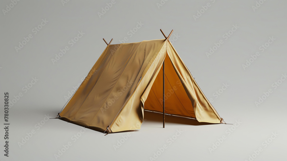 Simple and realistic 3D rendering of a vintage canvas camping tent. The tent is yellow and has a single entrance.