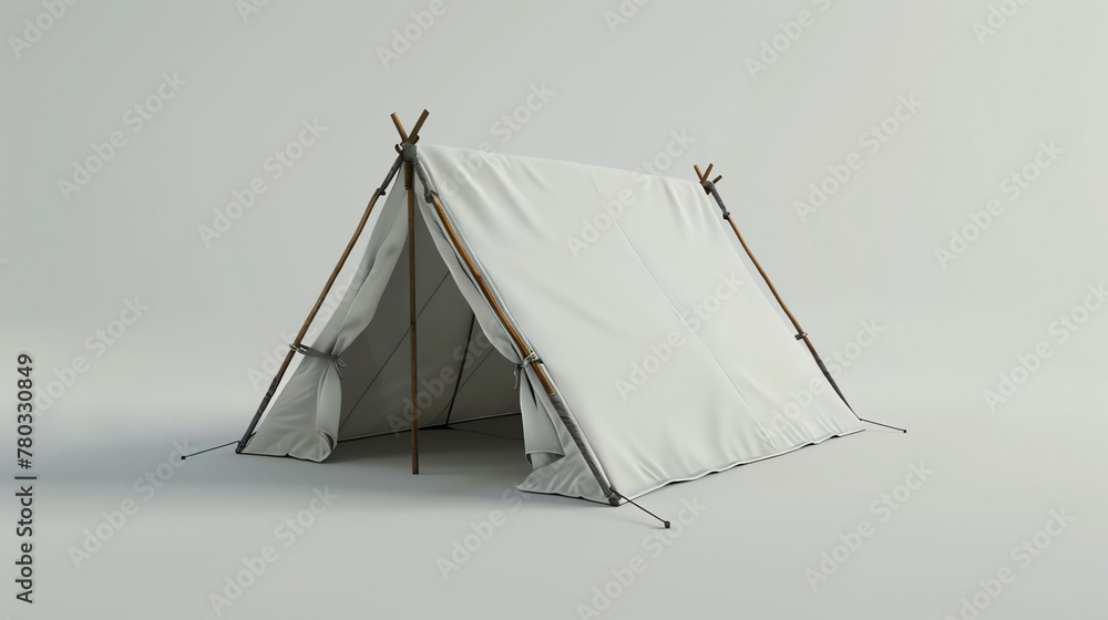 Simple rendering of a small camping tent. The tent is made of white canvas and has a single entrance. It is isolated on a white background.