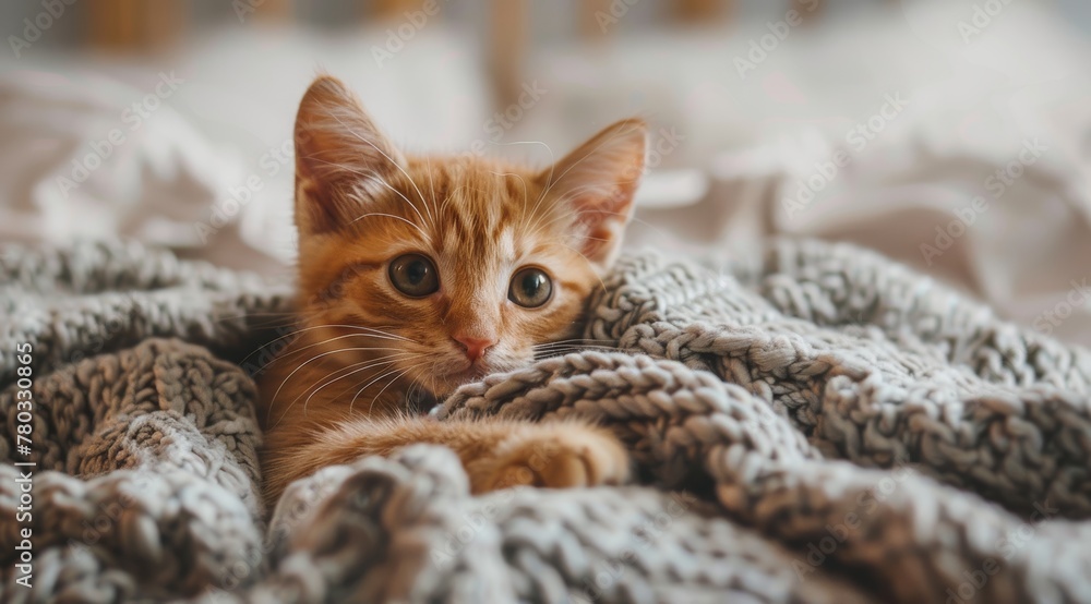 Cute ginger kitten lying on a cozy bed in the bedroom with a soft ...