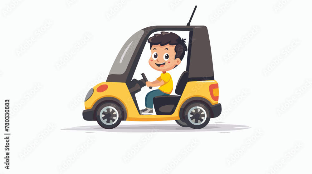 Cartoon boy driving a pencil car flat vector isolated