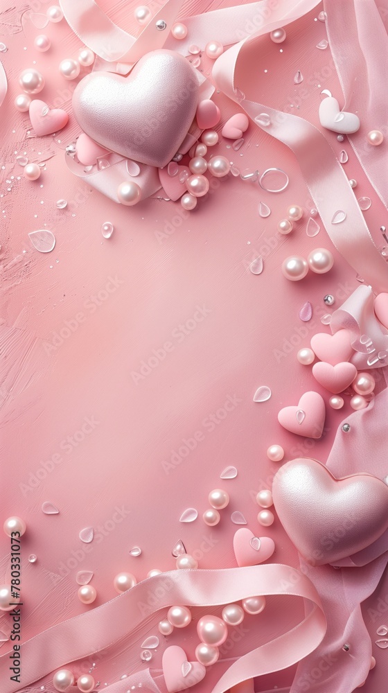 Elegant pink hearts with pearls and satin ribbons on textured background