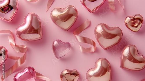 Rose gold hearts and satin ribbons on a pink surface for a romantic theme