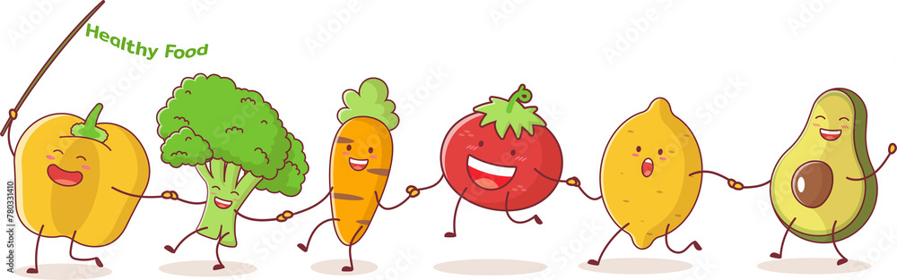 Fototapeta premium Cute vegetables cartoon character in Hand drawn kawaii style.