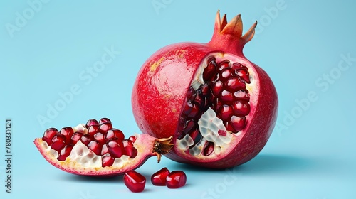 A delicious and nutritious pomegranate. The pomegranate is cut open, revealing the juicy, plump, red arils inside. photo