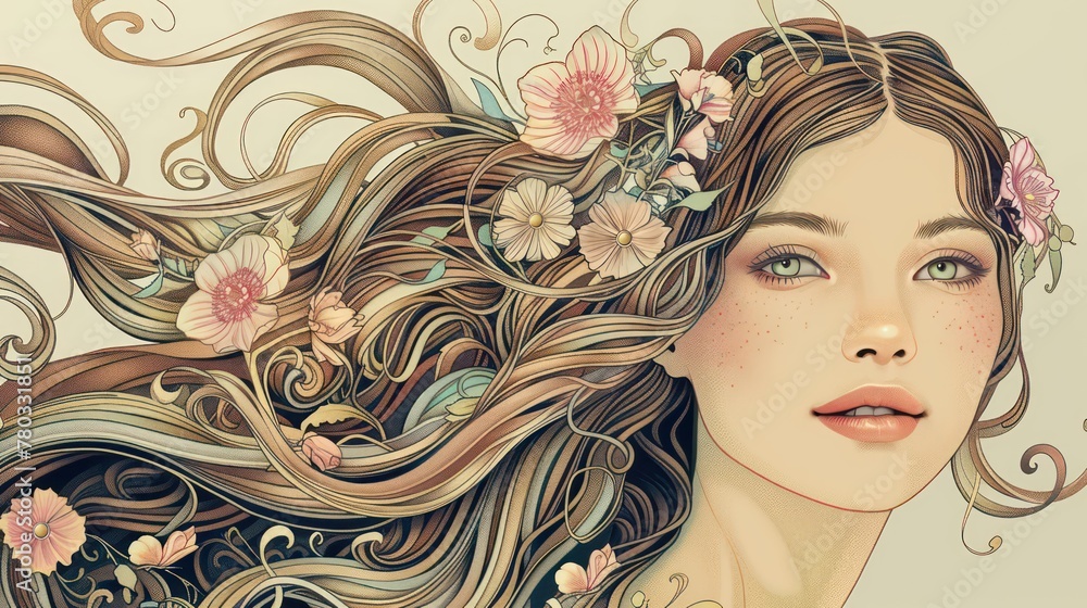 A Graceful Beautiful Woman with Flowing Hair and Floral Accents in Art Nouveau Style