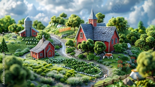 3d isometric illustration of a farm with a red barn, silo and vegetable garden, surrounded by trees and animals