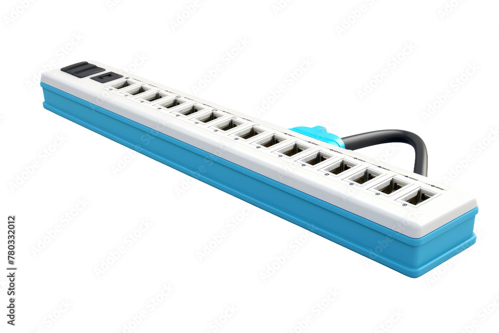 Close Up of Blue and White Power Strip. On a White or Clear Surface PNG Transparent Background. Close Up of Blue and White Power Strip. On a White or Clear Surface PNG Transparent Background.