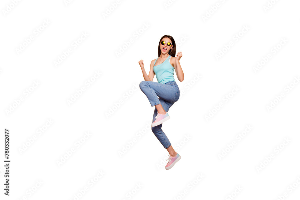 Full body length size studio photo portrait of glad positive bright vivid shine with open mouth optimistic lovely she her lady jumping up raising fists isolated vibrant background Full body length size studio photo portrait of glad positive bright vivid shine with open mouth optimistic lovely she her lady jumping up raising fists isolated vibrant background