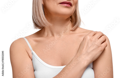 Woman with healthy skin on white background, closeup