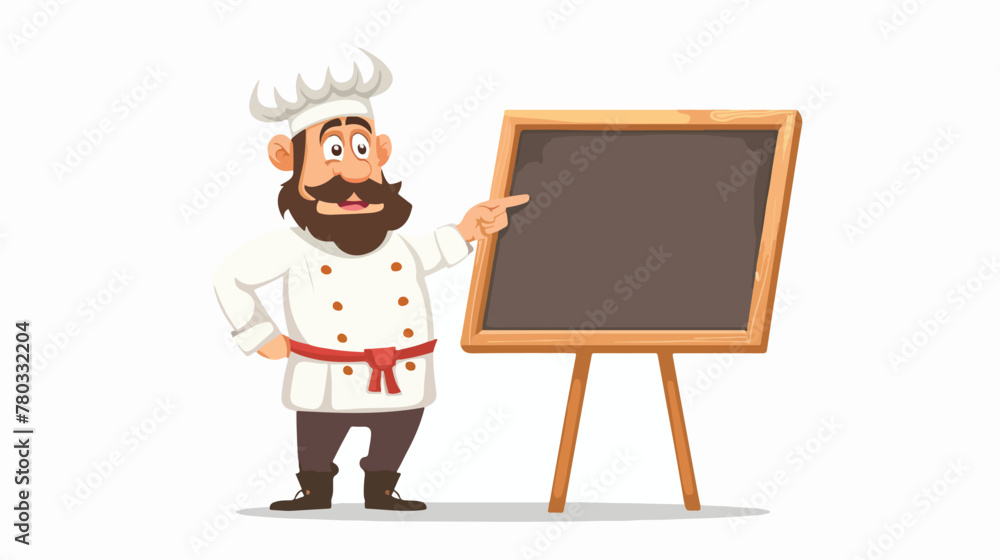 Cartoon chef cloche pointing at menu board flat vector