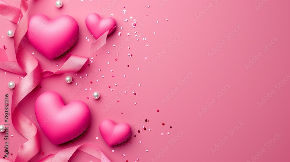 Pink hearts with satin ribbon and pearls on a pink background