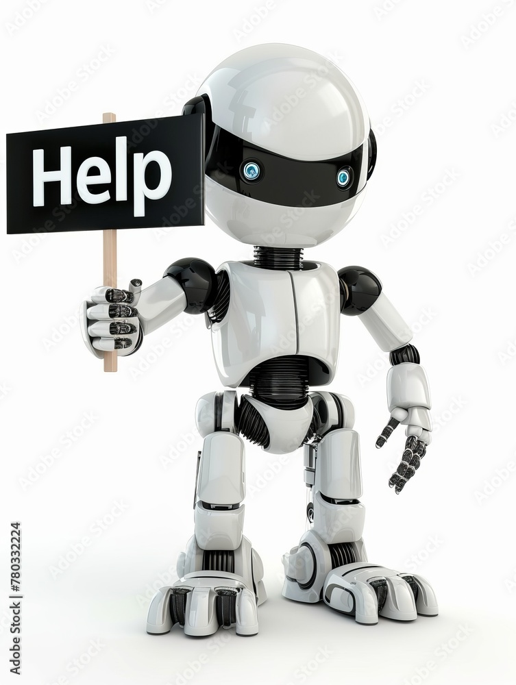 Friendly robotic helper displaying a 'Help' black message, offering user support and guidance on digital platform Friendly robotic helper displaying a 'Help' black message, offering user support and guidance on digital platform