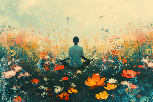 A digital illustration of a person meditating amidst a field of flowers, visualizing each bloom representing a worry, improved mental health. photo