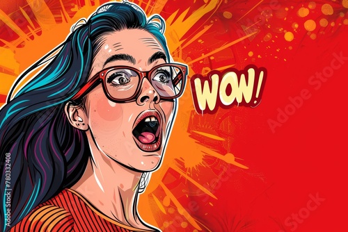 A pop art illustration of a woman with a chat text dialog bubble screaming and shouting WOW! in the style of print halftone, AI Generated