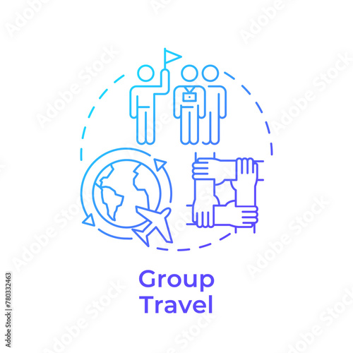 Group travel blue gradient concept icon. Guided tour. Global journey with companions. Globetrotting. Round shape line illustration. Abstract idea. Graphic design. Easy to use in application