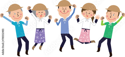 ポップな農家の男女5人が元気にジャンプ