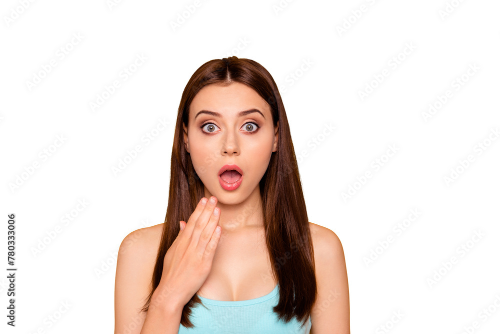 Close up photo portrait of astonished with big round eyes she her student holding hand near mouth isolated on bright vivid background copyspace Close up photo portrait of astonished with big round eyes she her student holding hand near mouth isolated on bright vivid background copyspace