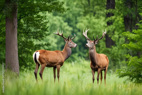 Two red deer, cervus elaphus, standing close together and touching with noses in woodland in summer nature. Wild animals couple looking to each other in forest. Stag and hind smelling in wilderness © Ehtasham