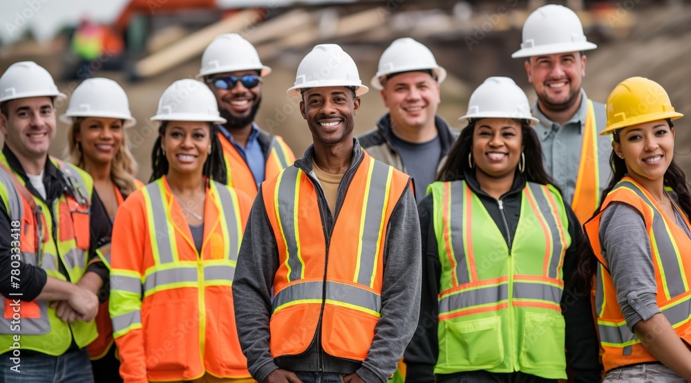 A motley group of construction workers standing together, smiling and wearing bright orange vests and white helmets A motley group of construction workers standing together, smiling and wearing bright orange vests and white helmets
