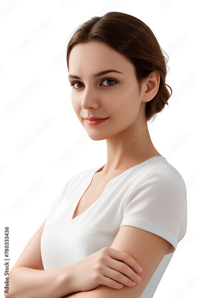 Three quarter portrait of business entrepreneur woman in casual white t-shirt posing for self confident photo isolated on transparent background. Three quarter portrait of business entrepreneur woman in casual white t-shirt posing for self confident photo isolated on transparent background.