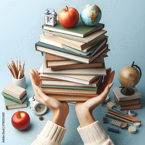 Books, supplies, and an apple on a blue background. A symbol of education and knowledge. photo