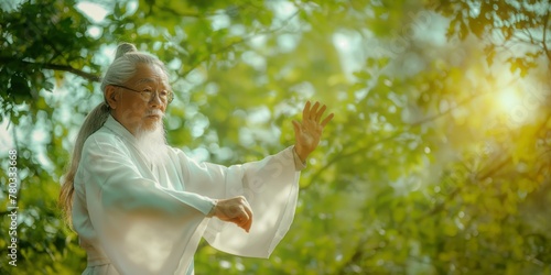 In the park, an elderly Chinese man in white practices traditional qigong and tai chi chuan gymnastics, expressing harmony and calmness, under the influence of soft movements photo