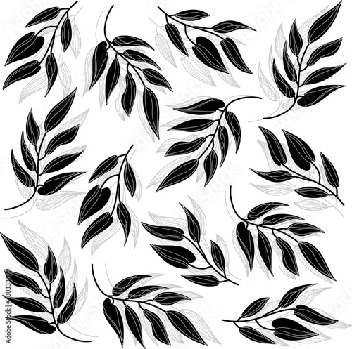 black and white seamless pattern with leaves. Vector image of leaves on branches. Seamless pattern. 