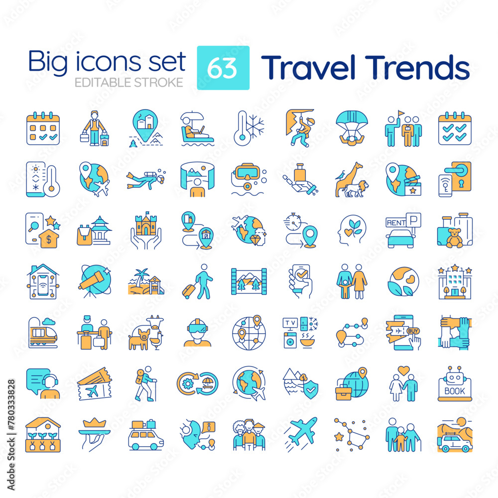 Travel trends RGB color icons set. Global travel. Responsible tourism, Technology integration. Travel activities. Isolated vector illustrations. Simple filled line drawings collection. Editable stroke Travel trends RGB color icons set. Global travel. Responsible tourism, Technology integration. Travel activities. Isolated vector illustrations. Simple filled line drawings collection. Editable stroke