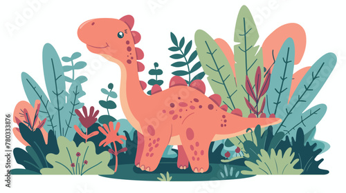 Cartoon cute dinosaur in the jungle flat vector isolated