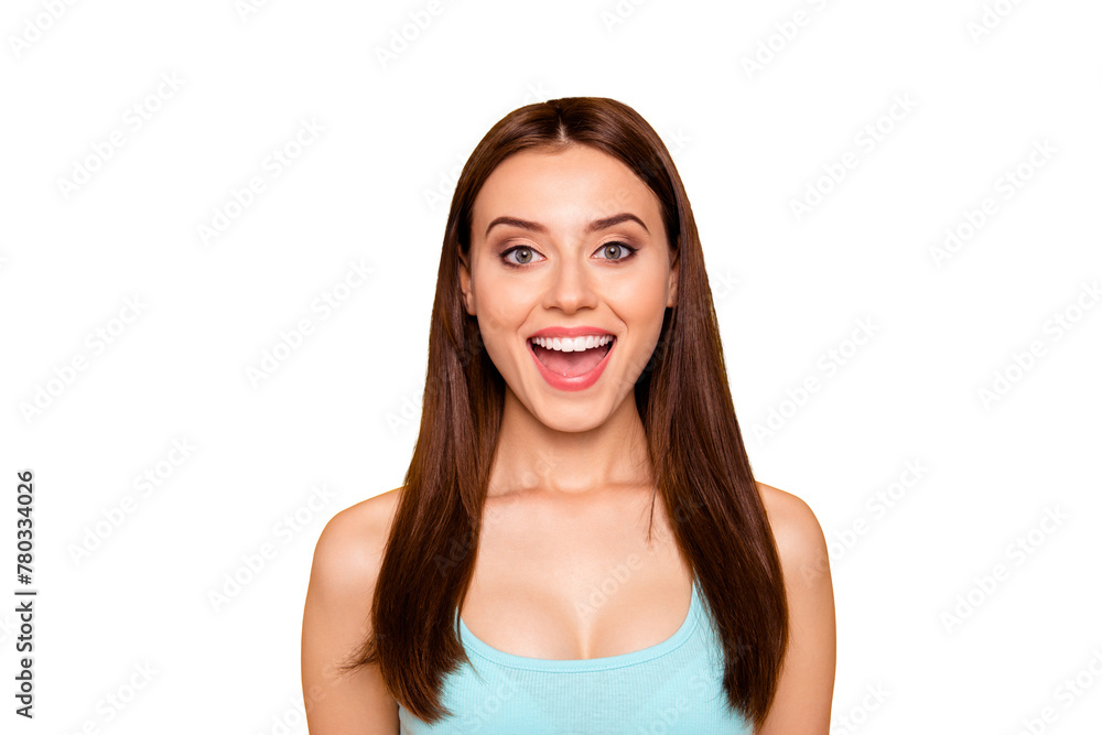 Closeup photo portrait of pretty attractive beautiful with open mouth toothy beaming smile lady she her looking at camera isolated on bright vivid background Closeup photo portrait of pretty attractive beautiful with open mouth toothy beaming smile lady she her looking at camera isolated on bright vivid background