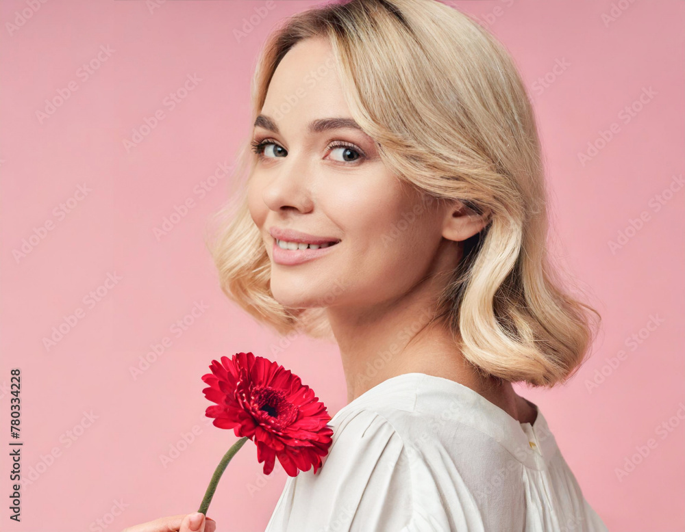 blonde woman beauty holding one carnation against pink background 