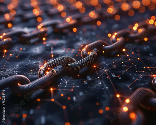 Conceptual 3D model of a blockchain network with interconnected nodes and glowing links, super detailed