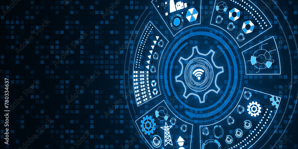 Abstract round digital cogwheel and other icons hologram on blue backdrop. Tech support and innovation concept. Mock up place. 3D Rendering. - obrazy, fototapety, plakaty 