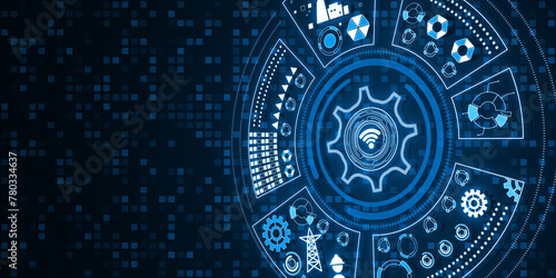 Abstract round digital cogwheel and other icons hologram on blue backdrop. Tech support and innovation concept. Mock up place. 3D Rendering.