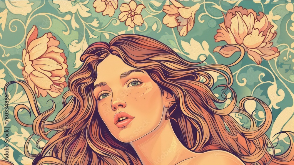 A Graceful Beautiful Woman with Flowing Hair and Floral Accents in Art Nouveau Style A Graceful Beautiful Woman with Flowing Hair and Floral Accents in Art Nouveau Style