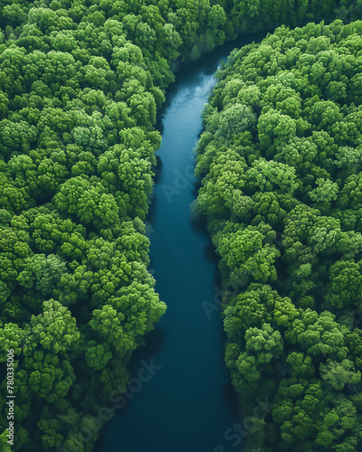 High-altitude drone photography of a winding river through a forest