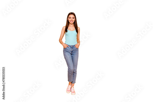 Full length size studio photo portrait of pretty attractive one lovely sweet cute careless she her youngster wearing urban outfit standing isolated bright vivid vibrant background