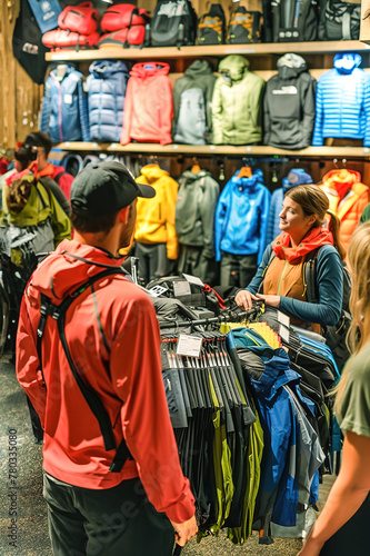 A group of outdoor enthusiasts in a big store gathering around a display with waterproof jackets and camping apparel, preparing for their next wilderness expedition.