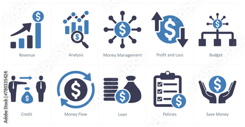 A set of 10 accounting icons as revenue, analysis, money management