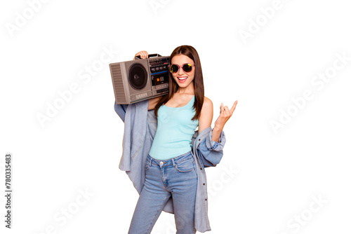 Dance with me concept. Photo of pretty modern vintage cool charming gorgeous nice great with toothy beaming smile she her millennial student youngster hold radio on shoulder isolated bright background © deagreez