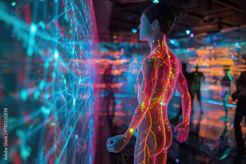A high-tech visualization projecting vibrant neural networks and electrical signals over a translucent outline of a human body, demonstrating nervous system activity.