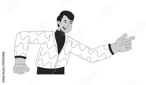Indian man pointing finger forward black and white 2D line cartoon character. South asian guy gesturing isolated vector outline person. Attention forefinger monochromatic flat spot illustration