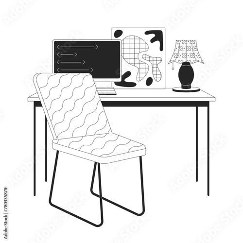 Minimalist home office with pc 2D linear cartoon objects. Computer on table in interior design isolated vector outline items. Workplace organization monochromatic flat spot illustration © The img