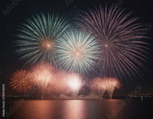Spectacular Firework Display Over Water at Night