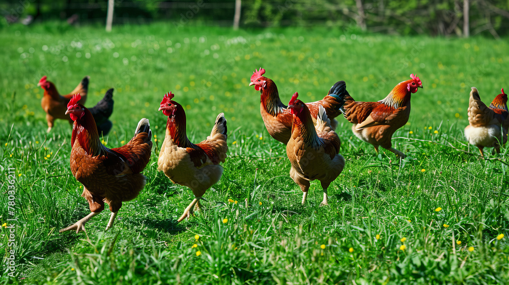 Fototapeta premium Free-Range Chickens Grazing in Lush Green Pasture on a Sunny Day in Rural Farmland