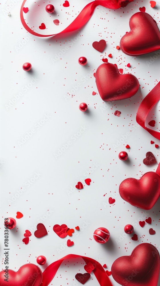 Assorted red hearts and a ribbon on a white background for a romantic theme