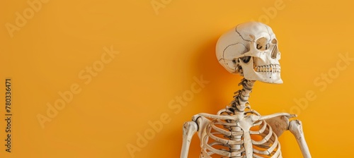 Human skeleton on orange background with copy space for text, halloween concept, banner mockup template. Space for advertising and banner decoration of halloween party concept. 