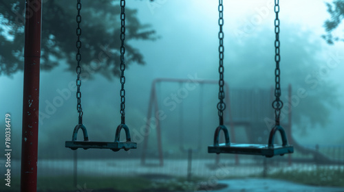 Empty Swings in Misty Playground with Trees Shrouded by Fog, Evoking Nostalgia and Solitude