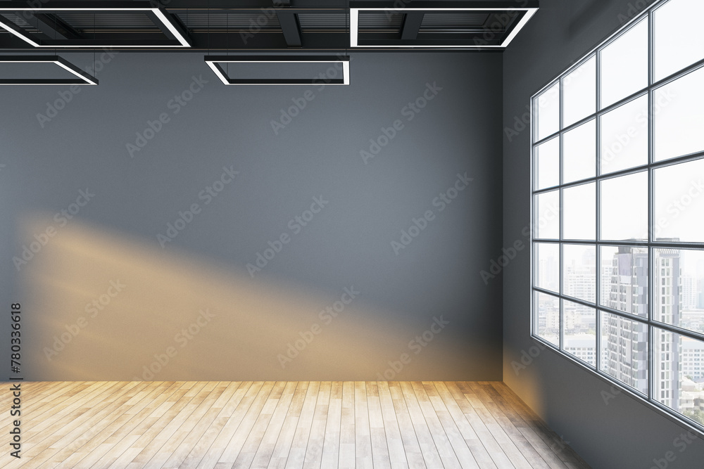 Fototapeta premium Contemporary empty concrete interior with mock up place on wall, wooden flooring, panoramic windows and daylight. 3D Rendering.
