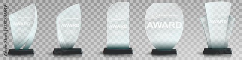 Glass award trophy set. Transparent prize template. Winner first place concept. Vector illustration. Winner glass trophy. First place award, crystal prize and signed acrylic trophies. Glass awarding t